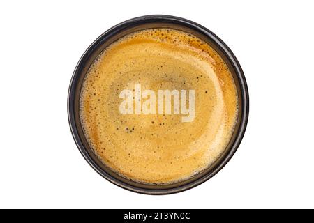 caffè in una tazza nera su sfondo bianco, vista dall'alto Foto Stock