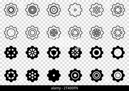 Set di icone ingranaggi. Icona di impostazione degli ingranaggi. Raccolta di ruote dentate meccaniche. Illustrazione vettoriale con sagome nere icone dei pignoni o elementi di design dei cartelli Illustrazione Vettoriale