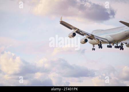 Un enorme aereo cargo si sta preparando ad atterrare nel cielo, tra un cielo color pastello e nuvole. Atterraggio aereo. Foto Stock
