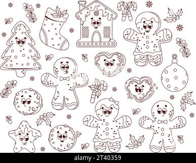 Personaggi dei cartoni animati retrò natalizi Gingerbread. Gingerbread uomo e ragazza, casa, albero di Natale, calzino, palla e biscotti. Linea di contorno vettoriale isolata fredda Illustrazione Vettoriale