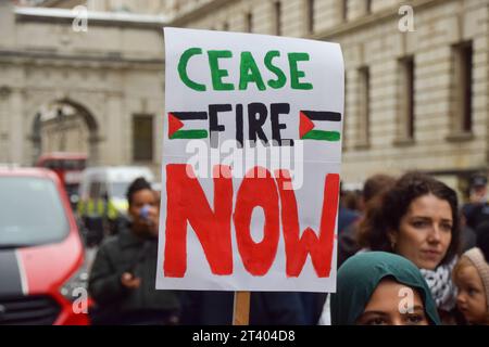 Londra, Regno Unito. 27 ottobre 2023. Un manifestante tiene un cartello con scritto "cessate il fuoco ora" durante la manifestazione. Genitori e bambini si riunirono al di fuori del Foreign, Commonwealth and Development Office a Westminster chiedendo un immediato cessate il fuoco a Gaza e collocarono orsacchiotti e altri giocattoli, in rappresentanza dei bambini palestinesi uccisi durante la guerra Israele-Hamas, fuori dall'edificio del governo. (Foto di Vuk Valcic/SOPA Images/Sipa USA) credito: SIPA USA/Alamy Live News Foto Stock