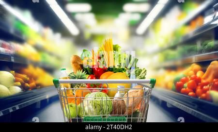 Carrello pieno di generi alimentari presso il corridoio del supermercato. Foto Stock