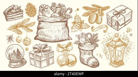 Natale e Capodanno. Set di elementi retrò disegnati a mano in stile schizzo. Illustrazione vettoriale vintage Illustrazione Vettoriale