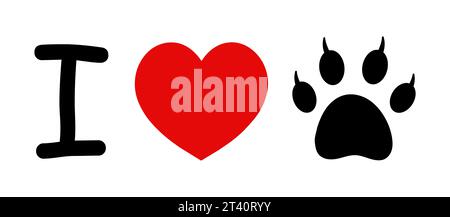 I Love Cats. Animali, gattini, cuccioli, cani. Forma a cuore rosso e zampa di gatto. Simbolo di amore per il tuo animale domestico. Vettore isolato. Cartolina, emblema, icona, stampa, tessuto, adesivo di cancelleria Illustrazione Vettoriale