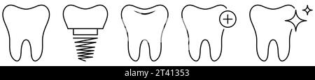 Serie di icone denti. Simboli di contorno odontoiatria. Illustrazione vettoriale isolata su sfondo bianco Illustrazione Vettoriale