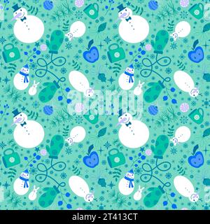 Pupazzo di neve senza cuciture e fiocchi di neve e tazza di tè e mele per confezionare carta, tessuti e biancheria e accessori per l'anno nuovo Foto Stock