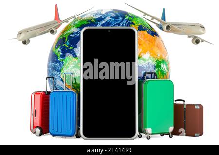 Global Air Travel, concetto. Aerei con Earth Globe e valigie, rendering 3D isolato su sfondo bianco Foto Stock