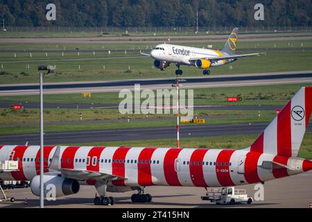 Flughafen Düsseldorf, NRW, Condor Airbus A320 bei der Landung, Luftverkehr DUS *** Aeroporto di Düsseldorf, NRW, Condor Airbus A320 durante l'atterraggio, traffico aereo credito DUS: Imago/Alamy Live News Foto Stock