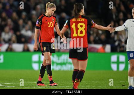 Leicester, Regno Unito. 27 ottobre 2023. La belga Justine Vanhaevermaet sembra smentita dopo aver perso una partita di calcio tra l'Inghilterra e la nazionale femminile belga The Red Flames, partita 3/6 nel gruppo A1 della UEFA Women's Nations League 2023-2024, venerdì 27 ottobre 2023, a Leicester, Regno Unito. BELGA PHOTO DAVID CATRY Credit: Belga News Agency/Alamy Live News Foto Stock