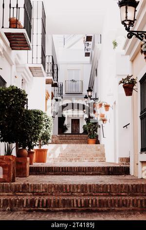 Vista sulla città dall'accogliente strada di Marbella, Spagna. Foto Stock