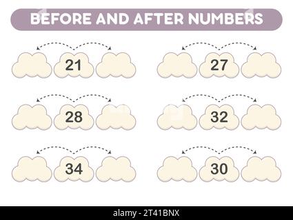 Gioco di matematica per bambini. Prima e dopo i numeri. Fogli di lavoro stampabili. Illustrazione Vettoriale