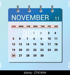 Novembre 26. Calendario a icone piatte isolato su sfondo blu. Illustrazione del vettore di data e mese Illustrazione Vettoriale