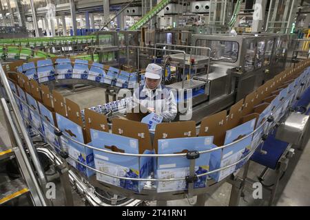 MEISHAN, CINA - 27 OTTOBRE 2023 - Un operaio utilizza un braccio robotico intelligente per lavorare sulla linea di produzione di Mengniu Dairy a Meishan, provincia del Sichuan, Chin Foto Stock