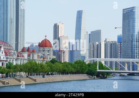 Questa immagine offre una splendida vista panoramica di un vivace paesaggio urbano metropolitano, con un grande ponte in primo piano Foto Stock