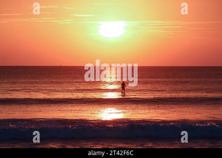 Silhouette solitaria di un uomo su una tavola SUP in mare sullo sfondo di un tramonto colorato. Isola tropicale, vacanza, attività ricreative attive in mare Foto Stock