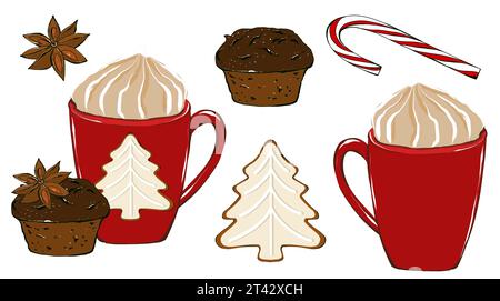 Set di bevanda calda di Natale, cacao con panna, biscotti al pan di zenzero, cupcake e spezie. Drink natalizio, illustrazione disegnata a mano isolata su sfondo bianco Foto Stock