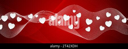 Banner vettoriale rosso brillante astratto con linee ondulate e cuori bianchi Illustrazione Vettoriale
