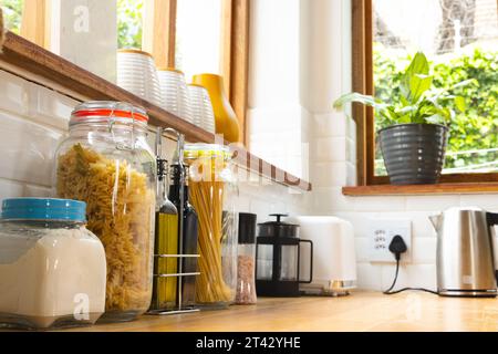 Vasetti per la conservazione degli alimenti su davanzale e piano di lavoro, con piante ed elettrodomestici in cucina Foto Stock