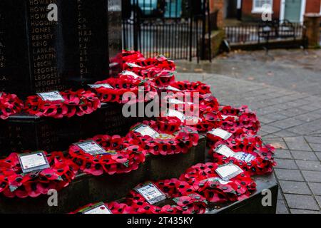 Woodbridge Suffolk UK novembre 26 2021: Corone di papavero rosse posate su un memoriale di guerra in ricordo dei morti di guerra, Suffolk UK Foto Stock