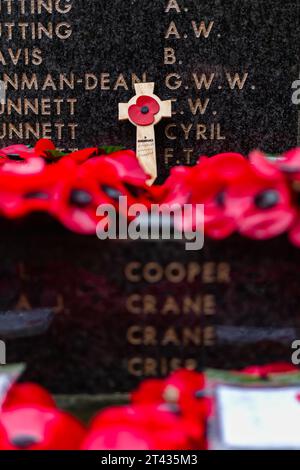 Woodbridge Suffolk UK novembre 26 2021: Corone di papavero rosse posate su un memoriale di guerra in ricordo dei morti di guerra, Suffolk UK Foto Stock