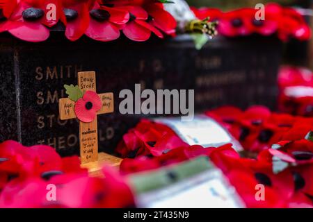 Woodbridge Suffolk UK novembre 26 2021: Corone di papavero rosse posate su un memoriale di guerra in ricordo dei morti di guerra, Suffolk UK Foto Stock