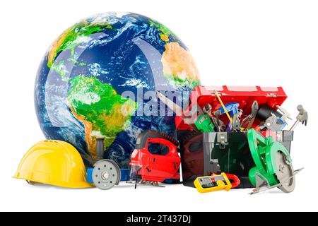 Utensili manuali e cassetta degli attrezzi in plastica con Earth Globe. Assistenza, riparazione e costruzione nel mondo, concetto. Rendering 3D isolato su sfondo bianco Foto Stock