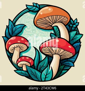 Design a fungo. carta da parati natura autunnale. Grafico schema foresta selvaggia. Funghi, sfondo psichedelico. Funghi magici e divertenti. illustrazione vettoriale. Illustrazione vettoriale Illustrazione Vettoriale