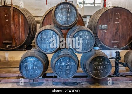 Primo piano di botti di rovere di vino porto invecchiato 20 anni all'interno della cantina della società Real Companhia Velha, Porto, Portogallo, il 14 ottobre 2023 Foto Stock