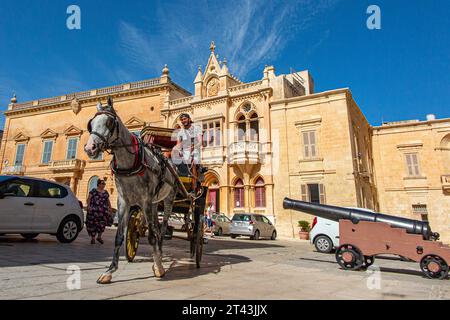 Trasporto a cavallo e in carrozza in Piazza San Paolo nella storica città di Mdina a Malta Foto Stock