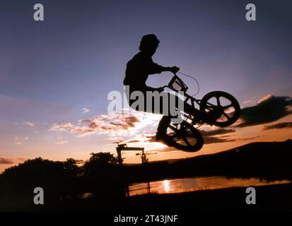 BMX Bike al tramonto al Victoria Park, Belfast, Irlanda del Nord Foto Stock