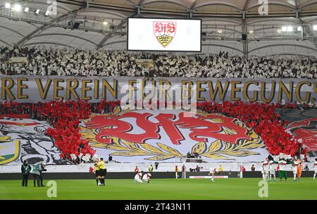 28 ottobre 2023, Baden-Württemberg, Stoccarda: Calcio: Bundesliga, VfB Stuttgart - TSG 1899 Hoffenheim, Matchday 9, alla MHPArena. Coreografia nel fan block di VfB Stuttgart. Foto: Marijan Murat/dpa - NOTA IMPORTANTE: In conformità ai requisiti della DFL Deutsche Fußball Liga e del DFB Deutscher Fußball-Bund, è vietato utilizzare o far utilizzare fotografie scattate nello stadio e/o della partita sotto forma di immagini di sequenza e/o serie di foto simili a video. Foto Stock