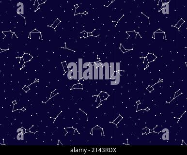 schema di segni zodiacali nel cielo su sfondo blu, stile doodle, avventura spaziale, stampa per bambini. Grafica vettoriale per packaging e test de Illustrazione Vettoriale