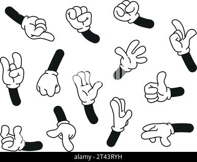 set di mani in stile cartone animato con guanti, diversi emotivionssymbols oggetti di illustrazione vettoriale isolati su uno sfondo bianco Illustrazione Vettoriale