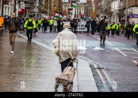 Belfast, Regno Unito. 28 ottobre 2023. Poche migliaia di persone partecipano alla "marcia per la Palestina" nel centro di Belfast per sottolineare la continua ritorsione della forza di difesa israeliana a Gaza, che ha lasciato finora 7300 vittime, dopo il massacro di 1400 israeliani da parte di Hamas il 7 ottobre. Il Rally è stato organizzato dalla campagna di solidarietà della Palestina in Irlanda (IPSC) credito: Bonzo/Alamy Live News Foto Stock