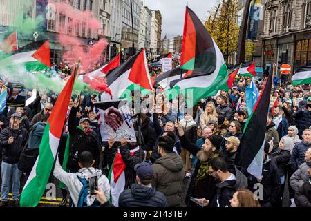 Belfast, Regno Unito. 28 ottobre 2023. Poche migliaia di persone partecipano alla "marcia per la Palestina" nel centro di Belfast per sottolineare la continua ritorsione della forza di difesa israeliana a Gaza, che ha lasciato finora 7300 vittime, dopo il massacro di 1400 israeliani da parte di Hamas il 7 ottobre. Il Rally è stato organizzato dalla campagna di solidarietà della Palestina in Irlanda (IPSC) credito: Bonzo/Alamy Live News Foto Stock