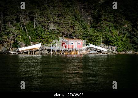 Placentia Newfoundland Canada, 22 settembre 2023: Rifugio rosso con barche attraccate su una costa rocciosa lungo la costa orientale canadese. Foto Stock