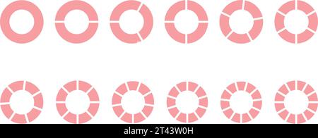 Frazioni di matematica, frazioni arrotondate vettoriali. Parti rotonde rosa. Un insieme di segmenti piccoli. Geometria semplice. Illustrazione vettoriale su sfondo trasparente Illustrazione Vettoriale