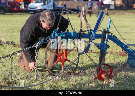 28 ottobre 23, Prestwick, Regno Unito. Il 59° Scottish Ploughing Championships, che si è svolto su più di 200 acri di Montonhill Farm, vicino a Prestwick, Ayrshire, Scozia, Regno Unito, ha attirato più di 100 partecipanti internazionali, in classi tra cui cavalli Shire e Clydesdale, trattori e aratri classici e d'epoca europei, nonché trattori moderni con aratri. I vincitori otterranno punti di qualificazione e potranno partecipare ai campionati mondiali di aratura. Crediti: Findlay/Alamy Live News Foto Stock