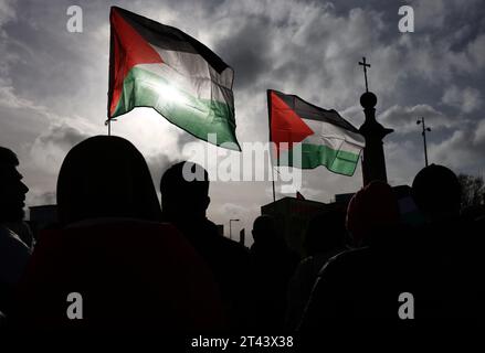 Leicester, Leicestershire, Regno Unito. 28 ottobre 2023. I manifestanti sventolano bandiere durante una manifestazione pro-palestinese. Decine di migliaia di manifestanti pro-palestinesi si sono riuniti a Londra e in tutto il Regno Unito per raduni che sollecitano la fine degli attacchi israeliani a Gaza. Credit Darren Staples/Alamy Live News. Foto Stock