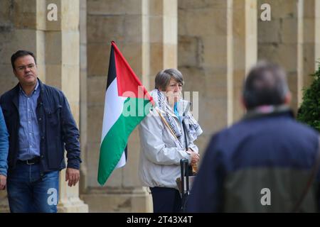 Aviles, Asturie, Spagna. 28 ottobre 2023. Aviles, Spagna, 28 ottobre 2023: Una signora porta una bandiera palestinese durante il raduno a sostegno della Palestina, fine del genocidio, fine dell'occupazione, il 28 ottobre 2023, ad Aviles, in Spagna. (Immagine di credito: © Alberto Brevers/Pacific Press via ZUMA Press Wire) SOLO USO EDITORIALE! Non per USO commerciale! Foto Stock