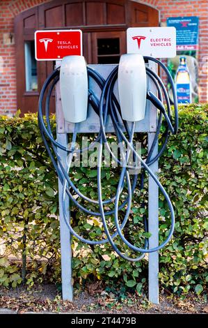 BEI einer Ladestation für Elektrofahrzeuge handelt es sich um eine speziell für Elektrofahrzeuge konzipierte Ladestation, Die in ihrer Bauweise meist einer Zapfsäule für Kraftstoffe nachempfunden ist. Umgangssprachlich wird sie daher auch gelegentlich Stromtankstelle oder Ladesäule genannt. Symbolfo, Themenfoto Riepen, 28.10.2023 *** Una stazione di ricarica per veicoli elettrici è una stazione di ricarica appositamente progettata per i veicoli elettrici, che di solito è modellata su una pompa di carburante in termini di progettazione, è quindi anche colloquialmente chiamata stazione di ricarica elettrica o colonna di ricarica Foto Stock