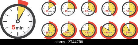 Da 5 minuti a 55 minuti sull'icona del cronometro in stile piatto. Illustrazione vettoriale timer quadrante orologio su sfondo isolato. Conto alla rovescia, segno di business con Illustrazione Vettoriale