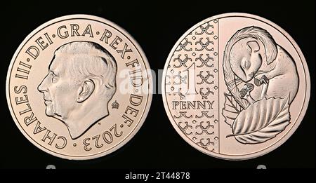 Prima moneta definitiva da 1p con re Carlo III, emessa nel 2023.Dormouse Foto Stock