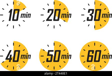 Da 10 minuti a 60 minuti sull'icona del cronometro in stile piatto. Illustrazione vettoriale timer quadrante orologio su sfondo isolato. Conto alla rovescia segno business co Illustrazione Vettoriale