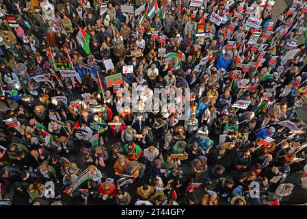 Londra, Regno Unito. 28 ottobre 2023. I manifestanti si riuniscono al Victoria Embankment di Londra per la "marcia Nazionale per la Palestina” in segno di protesta contro il bombardamento israeliano in corso a Gaza. Sabato 28 ottobre 2023. Crediti: Mark York/Alamy Live News Foto Stock