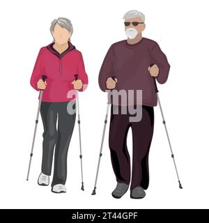 Coppia anziana che esegue nordic walking con stikcs illustrazione vettoriale.personaggi anziani che fanno sport.nonna e nonno si allenano insieme. Illustrazione Vettoriale