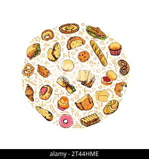 Bozzetto colorato disegnato a mano di pane e prodotti da forno Illustrazione Vettoriale