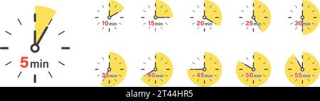 Da 5 minuti a 55 minuti sull'icona del cronometro in stile piatto. Illustrazione vettoriale timer quadrante orologio su sfondo isolato. Conto alla rovescia, segno di business con Illustrazione Vettoriale