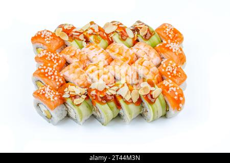 ampia serie di involtini appetitosi: anguilla e pera, phyllo roll con gamberi, mango phyllo roll per la consegna del cibo Foto Stock