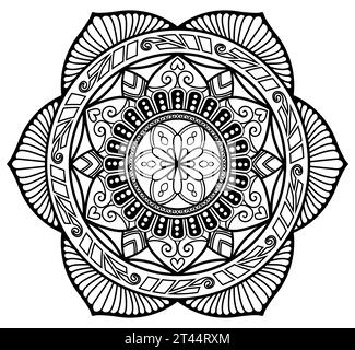 Motivo a mandala floreale con contorno nero su sfondo bianco Illustrazione Vettoriale